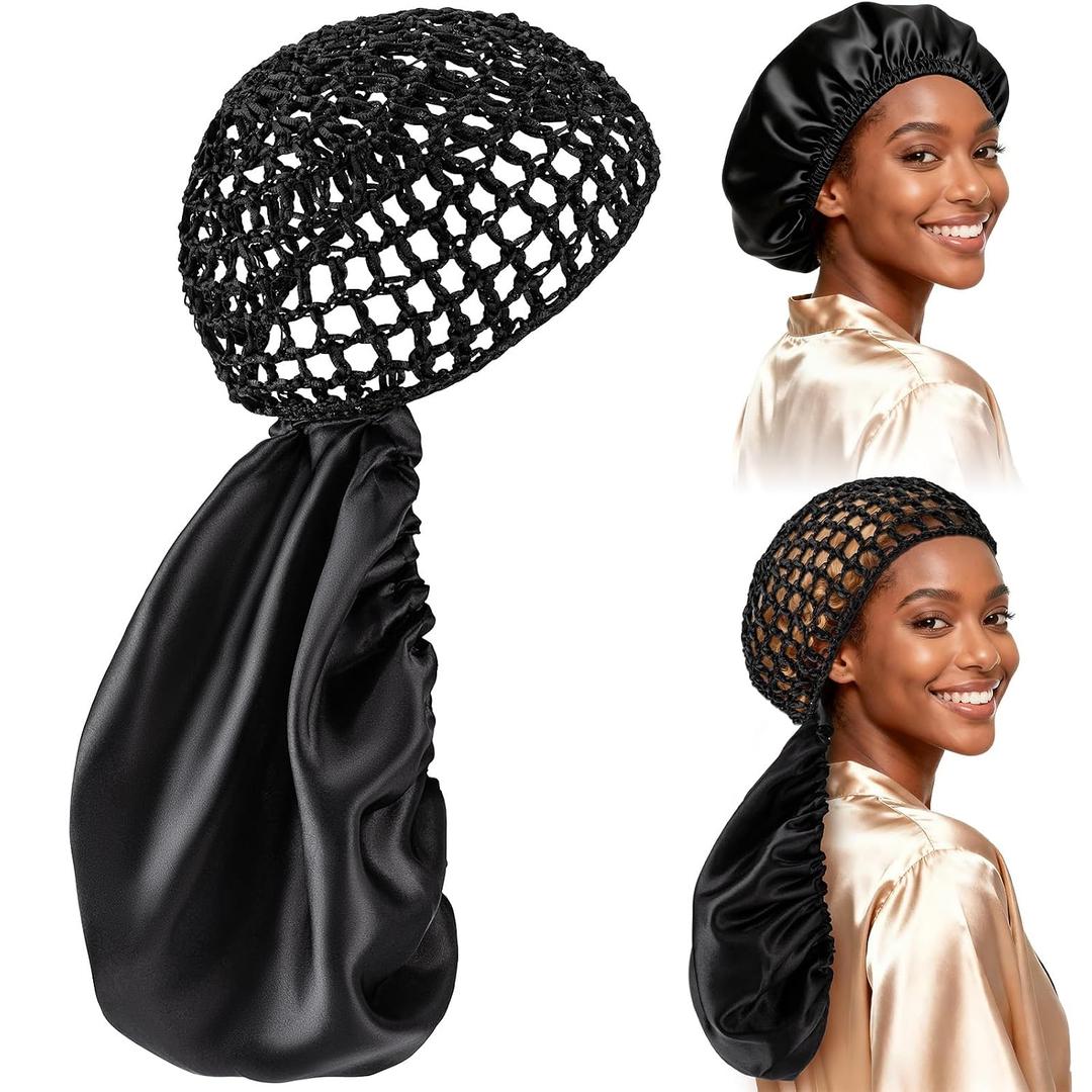 2 In 1 Wrap Cap Bonnet, Reversible Curly Hair Bonnet for Sleeping, Silk Press & Braid Protection, Adjustable Double Layer Hair Wrap Cap&Net, Elastic Hairsaver Wrap Caps for Natural, Braided Locs-Black