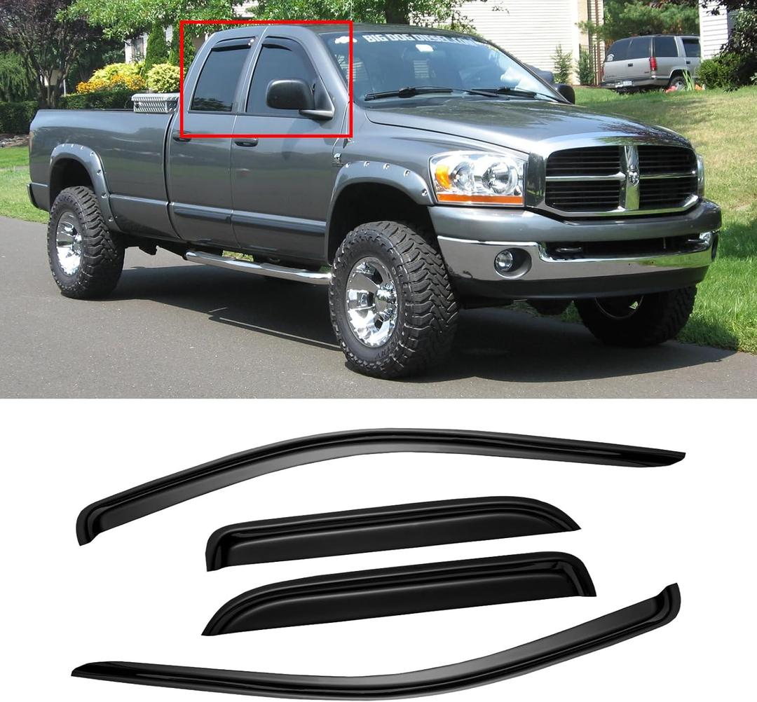Window Visor for 2002-2008 Dodge Ram 1500 Quad Cab/Extended Cab/ 03-09 Dodge Ram 2500 3500, Out-Channel Rain Guards Shields Vent Deflector Shade Wind Dark Smoke,Outside-Mount, 4PCS (For 02-09 Ram Quad Cab/Extended Cab)