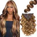 28 Inch P427 Blonde Clip in Hair Extensions,Soft Real Human Hair 120g 7pcs,Brazilian Remy Highlight Clip ins for Women,Brown Clip ins Silky Body Wave Hair Extensions
