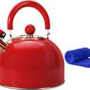 Tea Kettle,Whistling Tea Kettle Stovetop 2.6 Quart, Tea Pots for Stove Top Food Grade Stainless Steel,Wood Pattern Handle,Christmas Gift(Red),With Anti Scald Towel