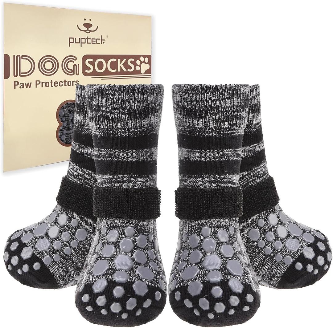 PUPTECK Non Slip Dog Socks to Prevent Licking for Hardwood Floors, Shoes for Hot Pavement Summer Small Medium Large Size Dogs Traction Control Booties Paw Protectors Boots Cold Winter (Small(2 Pair), Black)