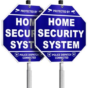 Protected By Home Security System Signs, 1028" Reflective Aluminum Warning Sign for Outside, Police Dispatch Connected with Stake, Set of 2