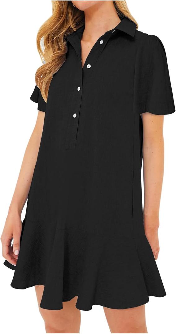 Women's Button Down Shirt Dress Summer Casual Short Sleeve Cotton Linen Ruffle Shift Mini Dresses, Medium (Black)