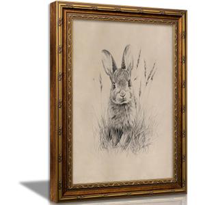 Vintage Gold Framed Easter Bunny Canvas Wall Art Vintage Rabbit Wall Decor Spring Farmhouse Animal Sketch Print Artwork Sketch Rabbit painting Picture for Farmhouse Bedroom Living Room 12X16in