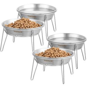 Cat Food Bowls, 4 Pcs Stainless Steel Cats Food and Water Whisker Fatigue Shallow Dishes, Small Dog Puppies Fat Faced Cat Kitten Supplies (4 Pack Raised Bowls)