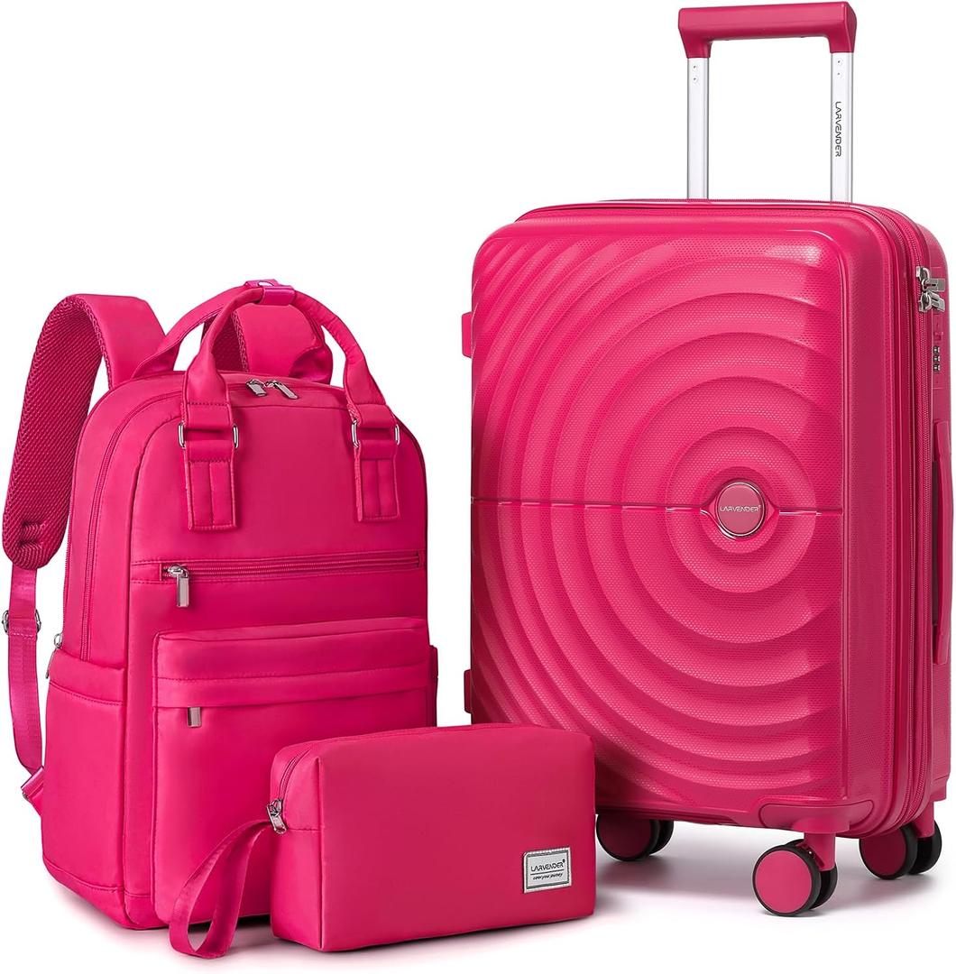 LARVENDER Carry On Luggage Set 22x14x9 Airline Approved, Expandable 20 Inch Carry-On Suitcases With Wheels, Lightweight Luggage Sets 3 Pieces With Backpack, Rose Red