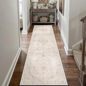 HUGEAR 2x8 Runner Rug Hallway Vintage Beige Machine Washable Neutral Floral Low Pile Carpet Vacuumable Thin Long Throw Rug Bedroom Office Bathroom Kitchen Laundry Non Slip Soft Lightweight