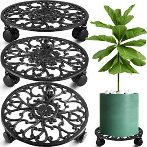 3 Packs 11 Inch Rolling Plant Stand with Wheels Wrought Iron Rolling Plant Stand with Casters Heavy Duty for Indoor Plants Rollers with Wheels Metal Round Plant Dolly