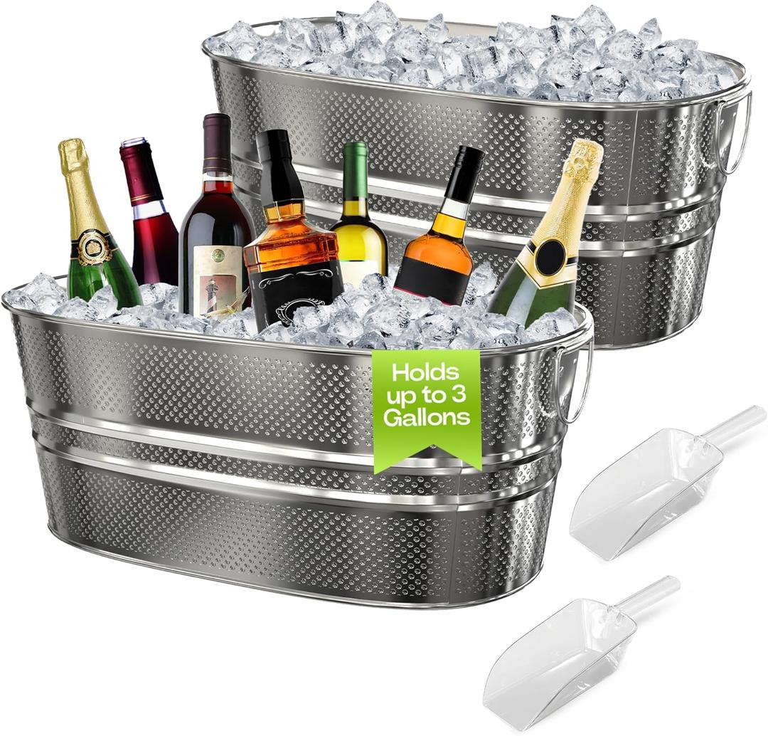 2 Pack Galvanized Tub with Handles - Beverage Tub with 2 Ice Scoops, 2.4 Gallon Ice Bucket for Parties, Metal Drink Buckets for Parties for Champagne Cocktails Wine Cooling for Mimosa Bar Supplies