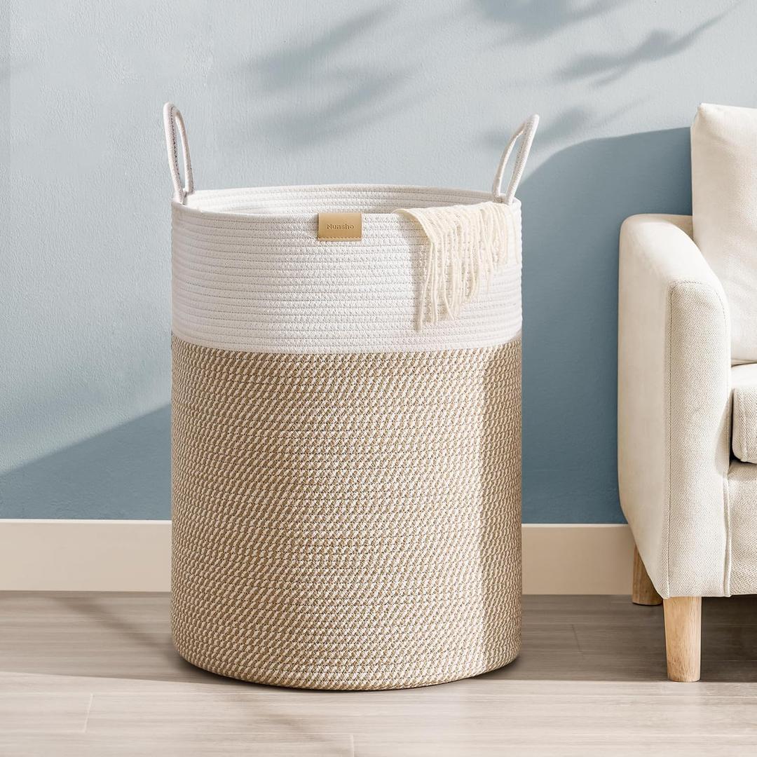 Laundry Hamper 95L,Large Laundry Basket for Clothes,Decorative Storage Basket for Blankets,Cotton Rope Woven basket for bedroom,Brown White (95L/25.1Gal)