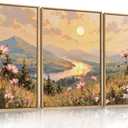 LHIUEM Large Boho Sunset Wildflower Framed Canvas Wall Art,Nature Pink Flower Wall Decor,Blossom Botanical Mountain Landscape Artwork for Living Room,Bedroom,Dining Room,Office -16"x24"x3