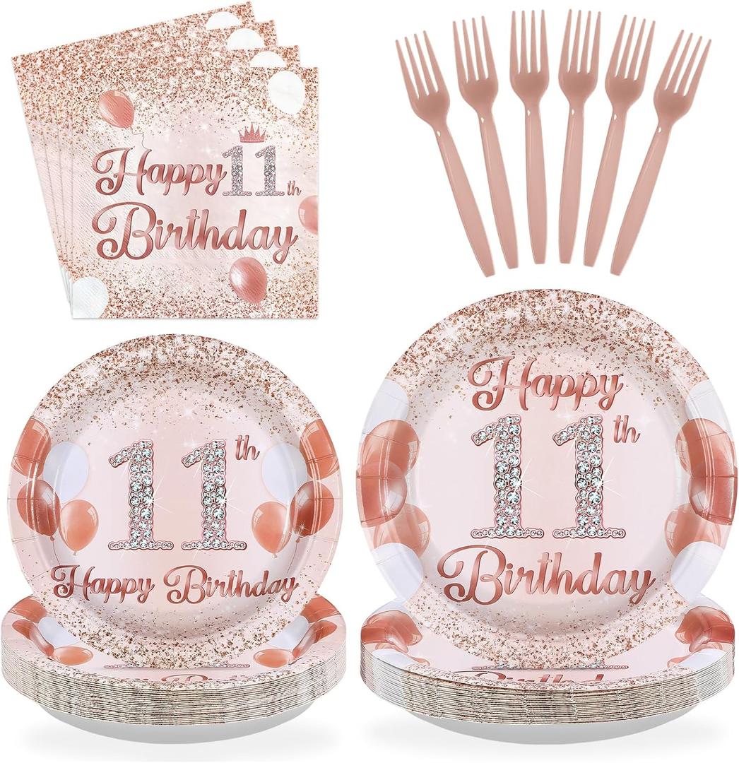 Grencian 11th Birthday Decorations Rose Gold 11th Birthday Plates and Napkins Disposable Rose Gold Official 11 Pre-Teen Paper Tableware Set for Girls 11 Year Old Party Supplies, Serves 24