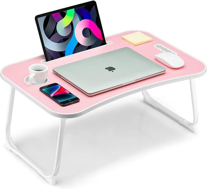 Foldable Lap Desk, Laptop Bed Desk, Portable Lap Table, Laptop Bed Table with Cup Holder & Tablet Slot & Lifting Handle for Working Writing Drawing & Eating - Baby Pink