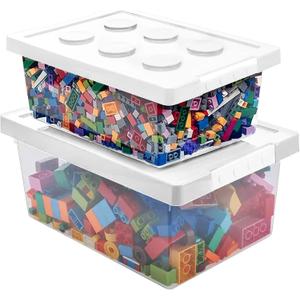 Plastic Storage Bins with Lids - Stackable Toy Storage Organizer Box Set of 2, Toy Chests with Compatible Building Baseplate and Lid, Storage Container for Building Bricks & Toys- White