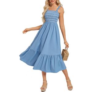GRACE KARIN Sundresses for Women 2025 Summer Casual Maxi Dress Sleeveless Flowy Long Beach Vacation Sundress with Pocket (Small, Gray Blue)
