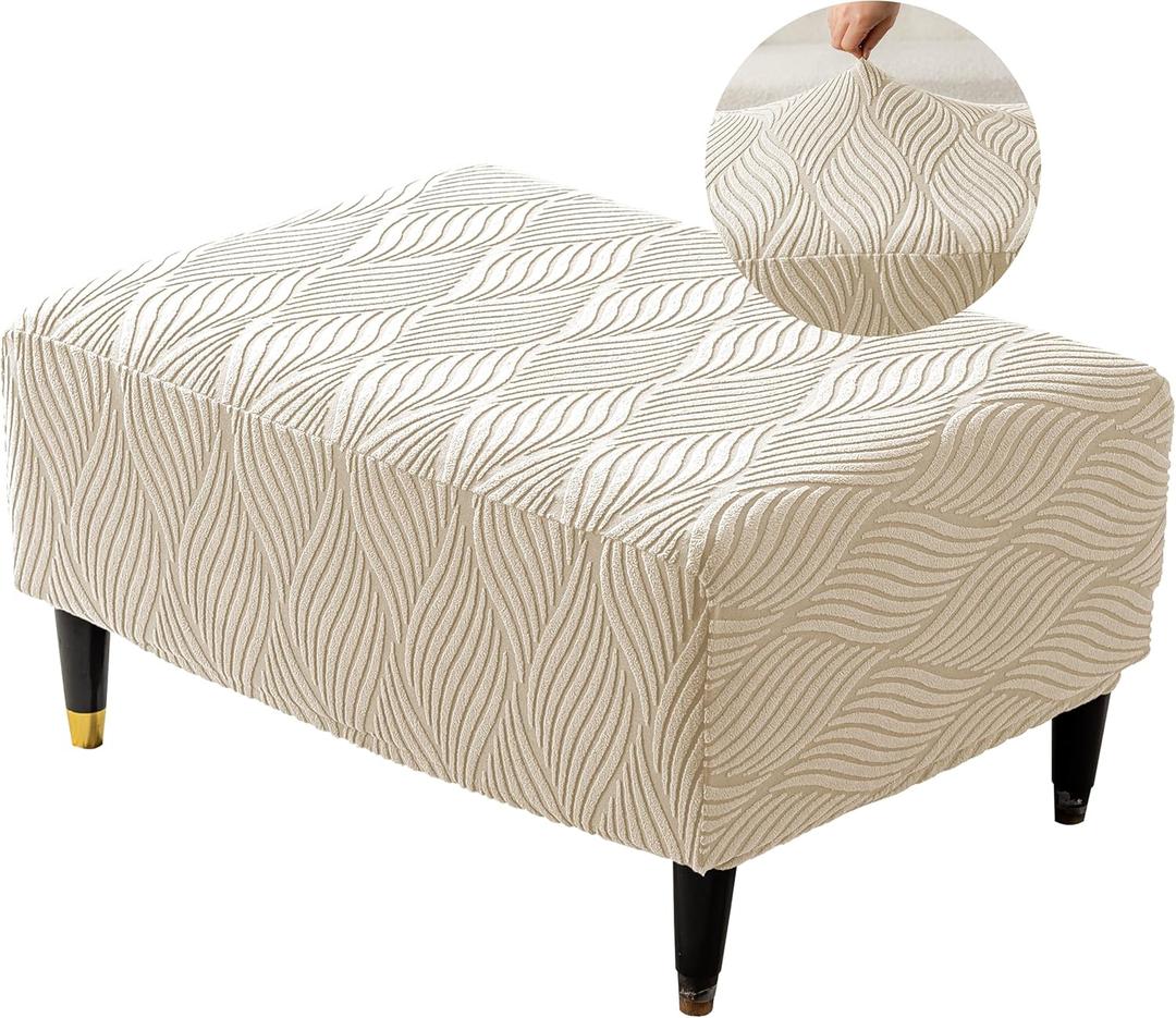 Stretch Ottoman Cover Rectangle, Jacquard Foot Stool Slip Cover, Storage Footstool Furniture Protector with Elastic Band, Footrest Slipcovers Removable Washable(Small,Wave White)