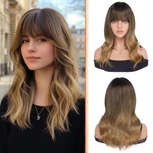 Haloo Brown Wigs with Bangs - 19 Inch Natural Wavy Synthetic Heat Resistant Medium Length Hair Wigs for Women Daily Party, Ombre Brown