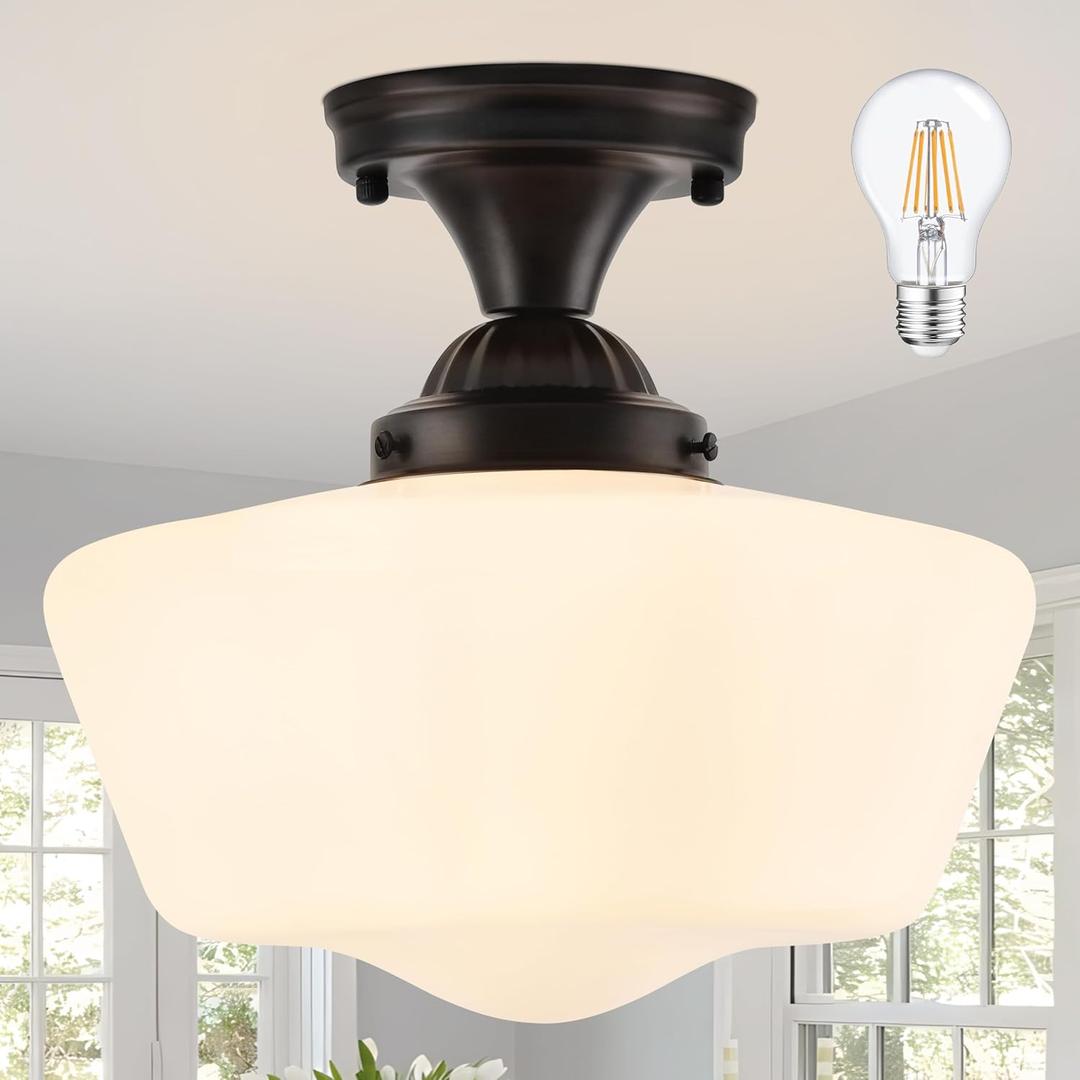 Schoolhouse Light Fixture, 12'' Mid Century, Milk Glass, Semi Flush Mount Ceiling Light for Bedroom Kitchen, Black, Incl. LED Bulb