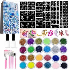 Temporary Glitter Tattoos Kit for Kids, 24 Body Glitter, 2 Glue, 5 Brushes, 187 Stencils, Kids or Adults Halloween Makeup Kit, Gift for Girls Birthday Party Festival (Blue)