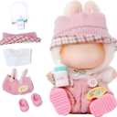 Clothes for Labubu - 5 Pieces Clothing Set for 15cm&17cm Labubu, Cute Dolls Outfits for Girls, with Headband + Undershirt + Overalls + Shoes + Milk Bottle(Pink)