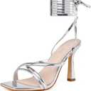 Mostrin Womens Sandals Strappy Heels for Women Lace Up Square Open Toe Heels Tie Up High Heeled Sandals for Prom, Party, Daily Wear (10.5, Silver)