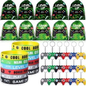 Nosiny 72 Pcs Video Game Party Favors Video Gamer Party Drawstring Bags Gaming Goodie Bag Silicone Bracelet Wristbands Keychain Classroom Rewards for Kids Birthday Bag Stuffers(Green,Vivid)