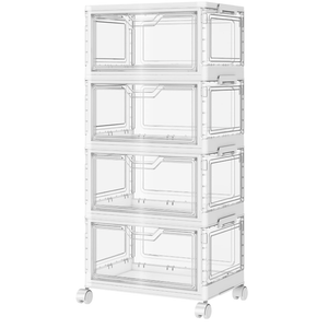 SNSLXH Portable Clear Storage Bins with Lid & Wheels, 24QT Clear Storage Bins with Lid, 4-Tier Plastic Bins with Wheels, Stackable, Magnetic Doors, for Bedroom, Living Room, Office