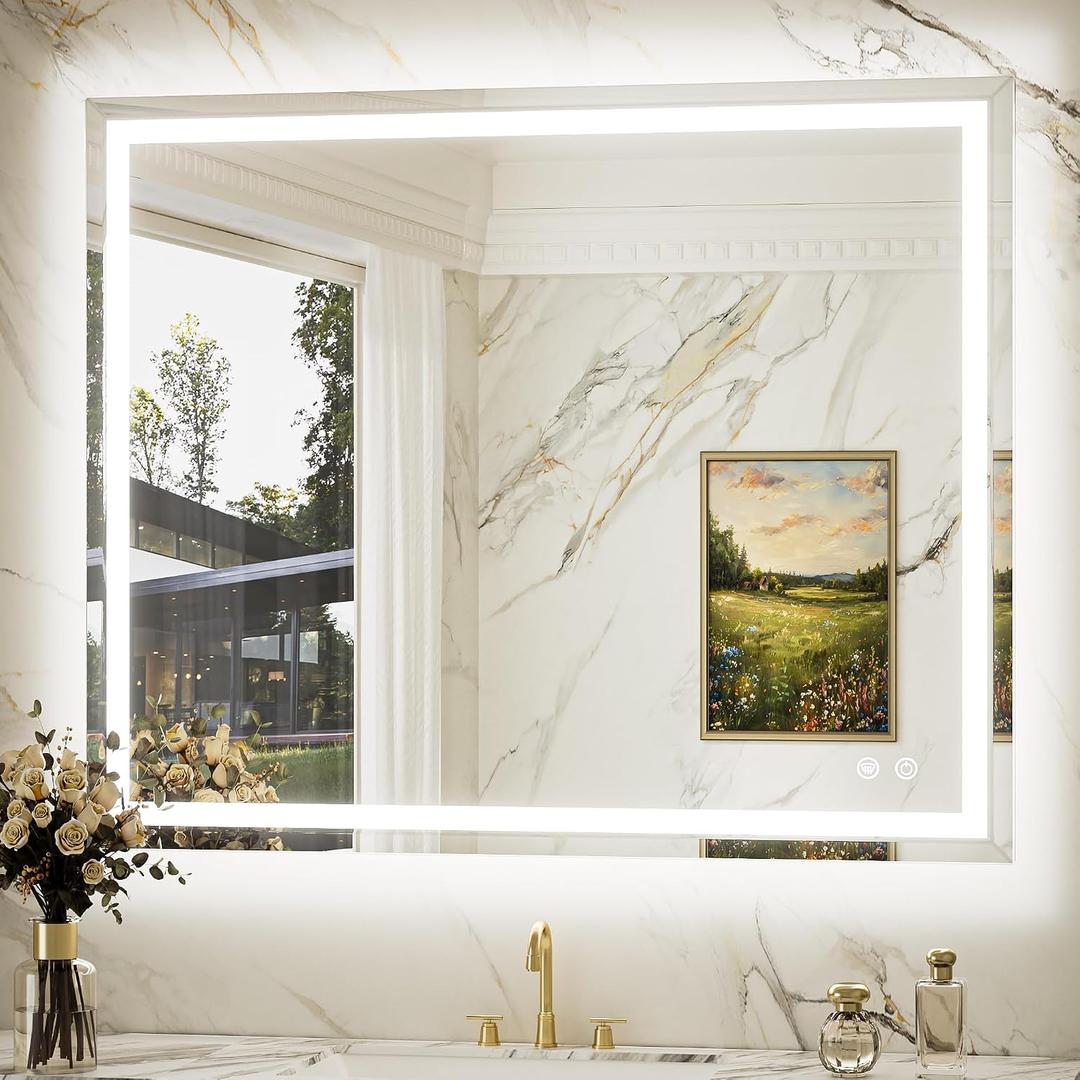 Keonjinn 42 x 36 Inch Beveled LED Bathroom Mirror with Frontlit & Backlit, Anti-Fog Lighted Mirrors for Bathroom Wall, Dimmable 3-Color Temperature, HD Tempered Glass Wall Mirror for Modern Bathroom