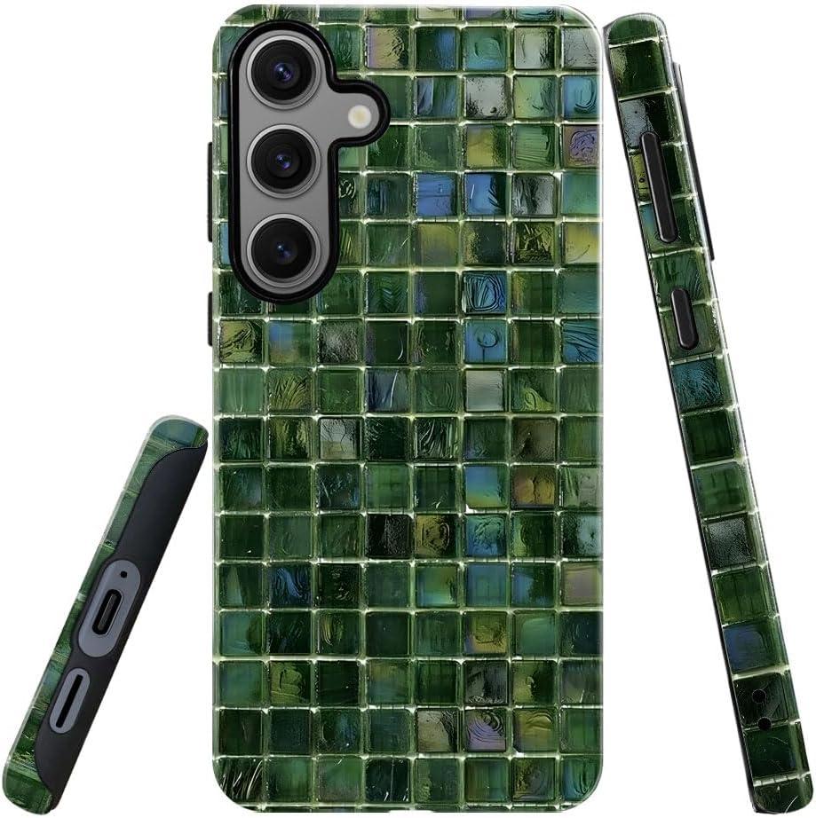 Case for Samsung Galaxy S24, Lustrous 2-Layer Durable Case for Girl Women,Green Toned Glass Tiles