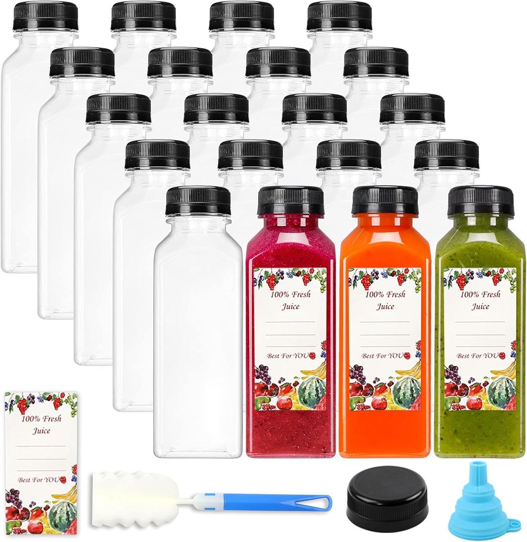 SUPERLELE 20pcs 12oz Plastic Juice Bottles with Caps, Reusable Juicing Bottles, Clear Drink Containers with Lids for Juicing, Smoothie and Other Beverages