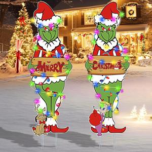 Set of 2 40 in Large Grinchs Christmas Outdoor Decorations with Metal Stakes Merry Christmas Yard Signs Decorations Outdoor for Christmas Xmas Party Supplies, Lawn, Garden Yard Decor