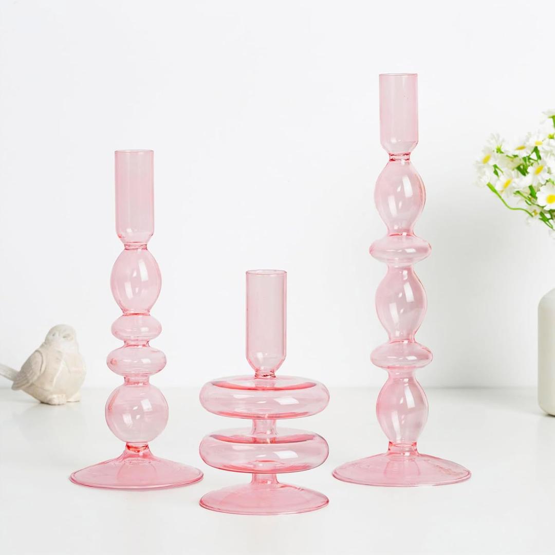 Hewory Glass Pink Candlestick Holders: Set of 3 Taper Candle Holders Vintage Candle Stick Candleholder, Colorful Glass Bubble Candleholders for Table Centerpiece, Wedding, Dinner, Party, Home Decor