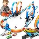 LILYBUDS Toy Car Track Gift Set for Boys Kids Age 3-5 4-7 8-12, Long Race Tracks with 4 Action Loops and 4 High-Speed Slot Die-Cast Race Cars, 35+ Pieces Race Tracks to Create Multiple Configurations