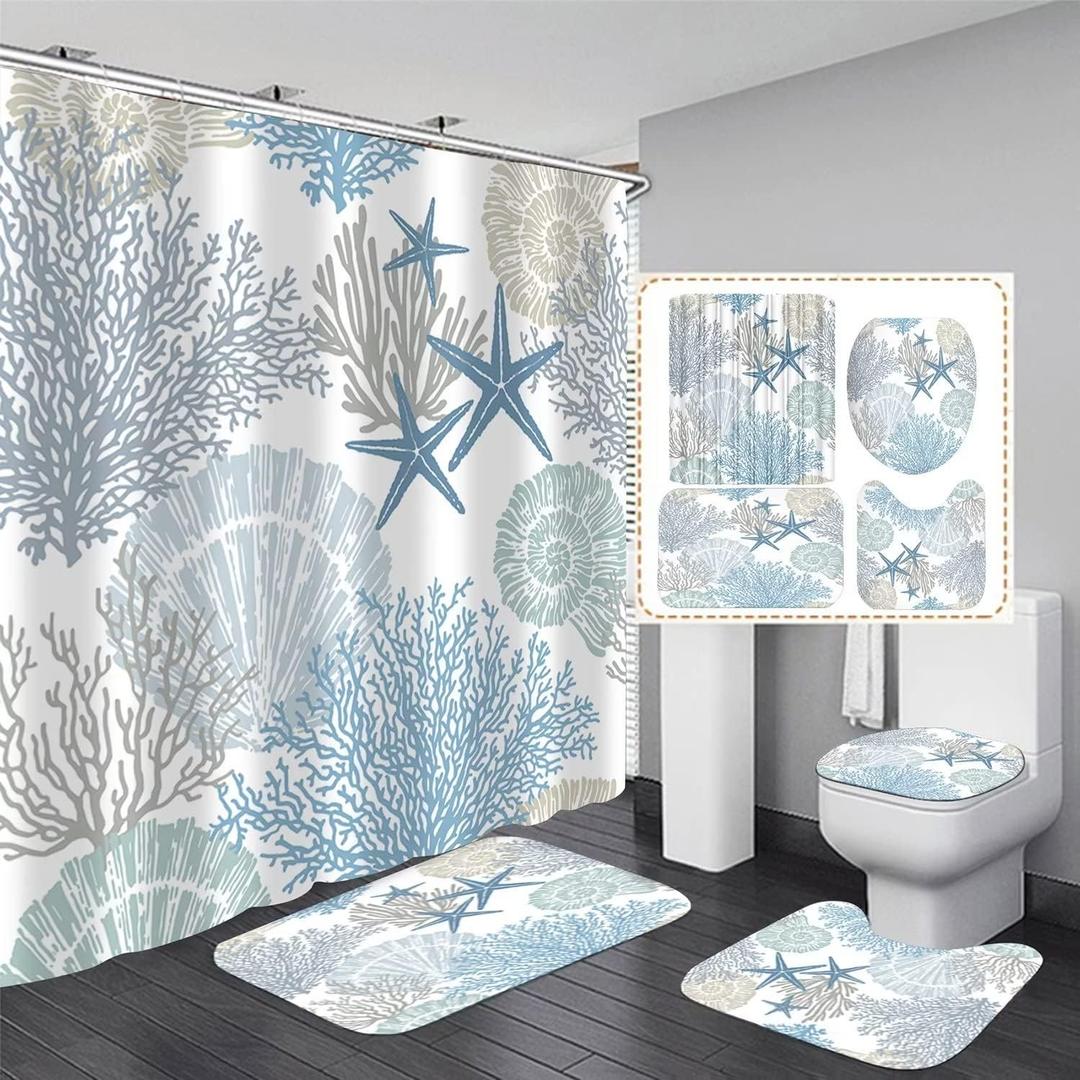 Nkzply 4 Pcs Beach Shower Curtain Blue Bathroom Sets with Shower Curtain and Rugs Ocean Shower Curtain Set Starfish Bathroom Decor Accessories Seashell Bathroom Rug Set Nautical Toilet Lid Cover Hooks (ONLY BATH RUG AND SHOWER HOOKS)
