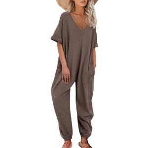 Nirovien Women's Solid Color V Neck Jumpsuits Casual Half Sleeve Long Rompers Beam Foot Baggy Overalls (XX-Large, Solid-brown)