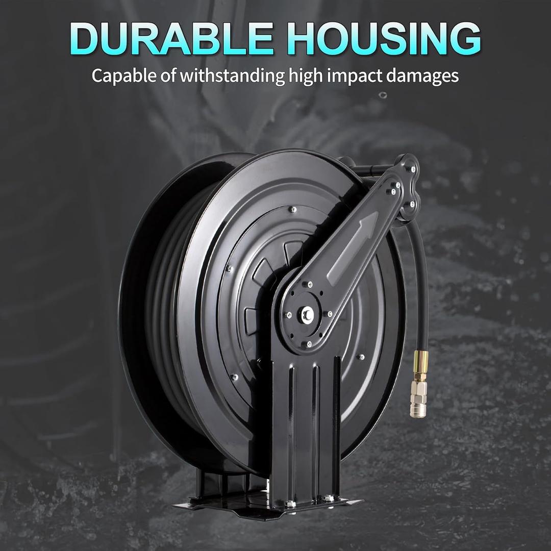 Double Arm Air Hose Reel Retractable, 3/8" x 65' Hybrid Hose Heavy Duty Steel Air Compressor Hose Reel Wall Mount, 300PSI, Brass Fittings, Auto Rewind (3/8" 65FT)