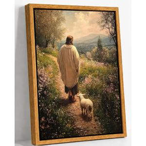 Framed Jesus and Lamb Canvas Wall Art,Jesus Leaves the 99 Sheep Picture,Vintage Christian Poster Print,Religious Artwork Wall Decor for Church Living Room Bedroom16x24in