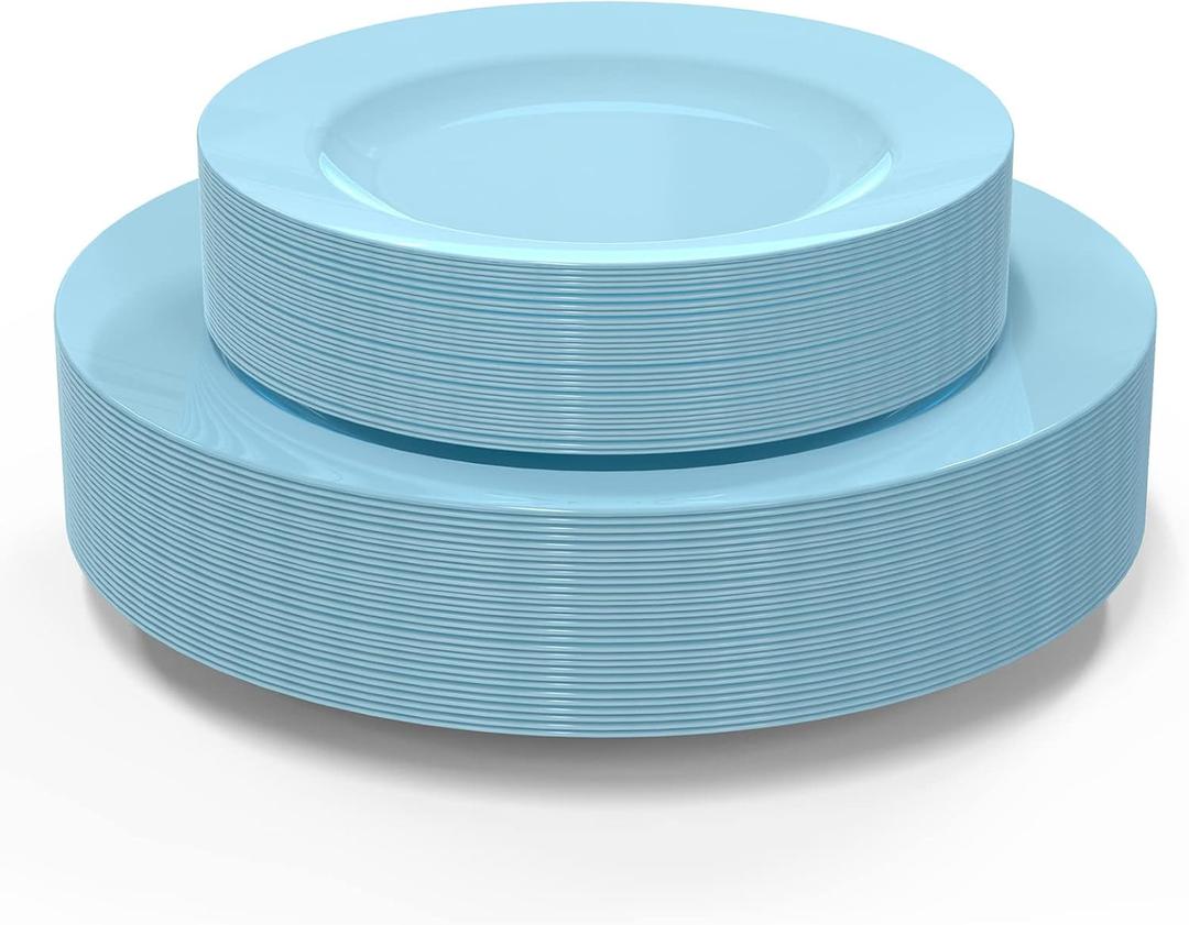 POSATE 60PCS Baby Blue Disposable Plastic Plates, Heavy Duty Plates for Wedding/Party, 30PCS Dinner Plates 10.25 and 30PCS Dessert/Salad Plates 7.5, Blue Plates for Party Event