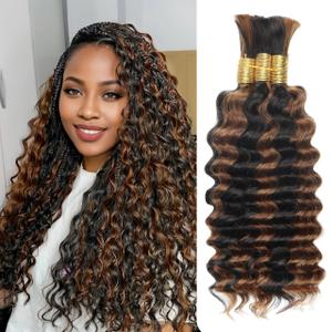 Human Braiding Hair for Boho Braids,150g 14 Inch 3 Bundles Ombre Deep Water Wave Bulk Boho Curly Human Hair Bundle for Braiding,1b/30 Highlight No Weft Wet and Wavy Knotless Braiding Hair Extensions
