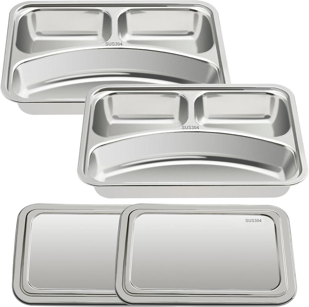 VENTION Child Stainless Steel Rectangular Divided Plates, 3 Sections Dinner Plates, Serving Tray with Lid Set of 2