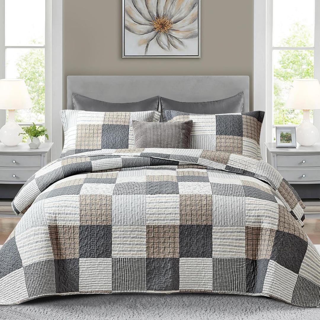 Finlonte Quilt Set Queen Size - 100% Cotton Queen Comforter Set, Plaid Quilted Bedspread Farmhouse Country Bed Spread, Lightweight Reversible Quilt Bedding Set All-Season, Gray/Brown/Black/White, 3Pcs (Queen (90"x98"))