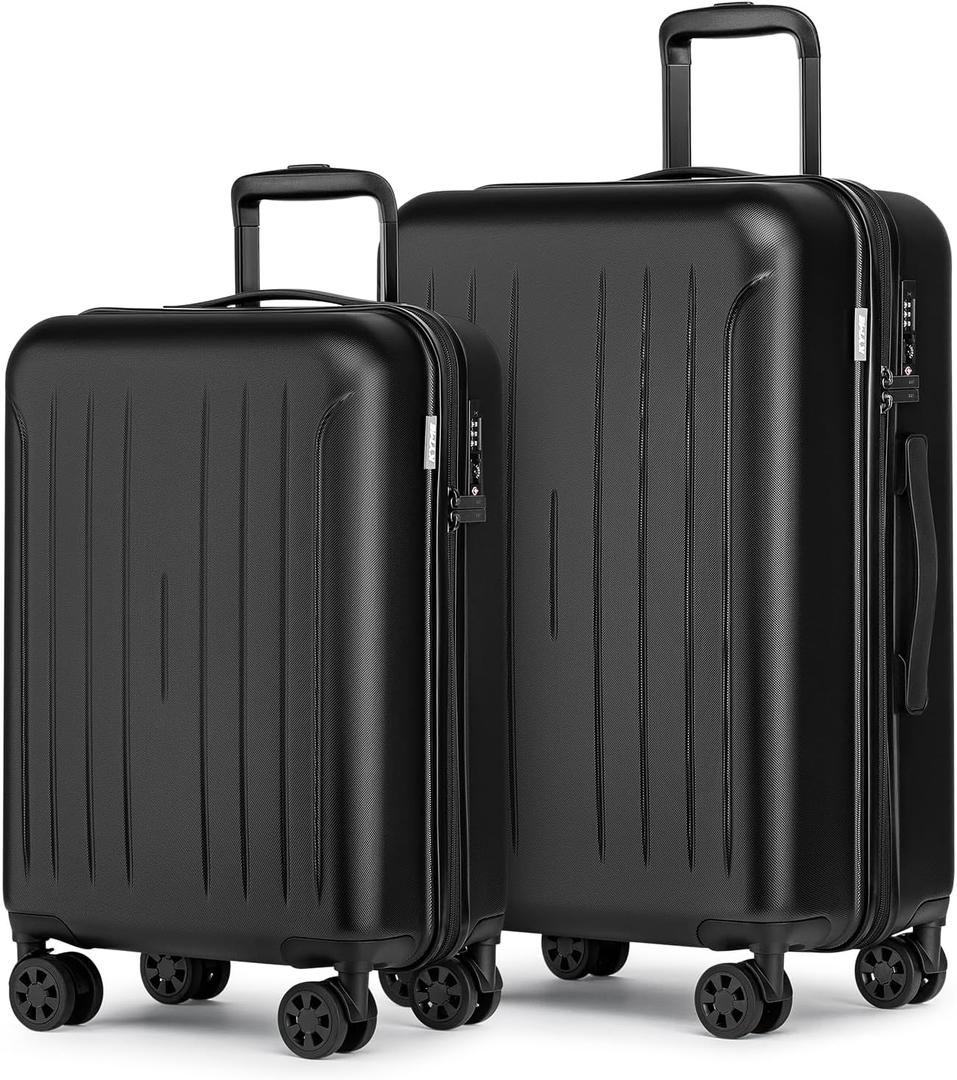 KYME Luggage Sets 2 Piece Hardshell 20"/24" Suitcase with Double Spinner Wheels Hardside Suitcases Sets with TSA Lock PC+ABS Travel Luggage (Black, 2Pcs Set(20"/24"))