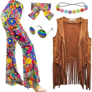 ATAMET 6 Pcs 60s 70s Hippie Costume Disco Outfits Fringe Vest Boho Bell Bottoms Peace Accessories Set Halloween for Women, Size XL, Kids