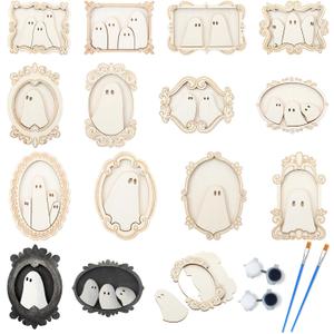 Simgoing 12 Set Wood Ghost DIY Frames Decorating Craft with Paint and Brush Unfinished Wooden Gift Ornaments Cute Ghost for Halloween Craft Art Party Supplies, Not Include Glue (Cute Style)