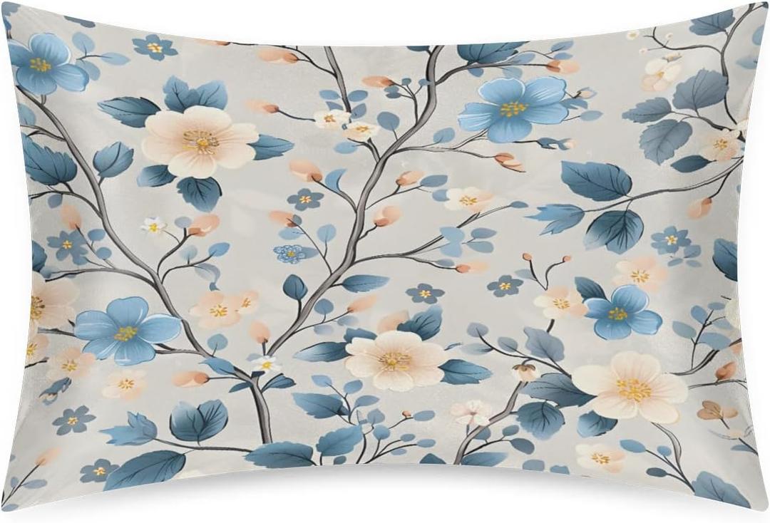 Satin Pillowcase Flower Blue Satin Pillow case for Hair and Skin 20 x 30 Inches Smooth Pillow Covers Pillow Cover with Envelope Closure (Queen)