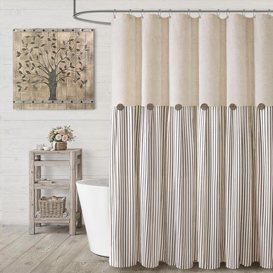 Farmhouse Shower Curtain Linen Beige Button Woven Fabric Country Rustic Western, Pleated Brown Stripe 54" W x 72" L