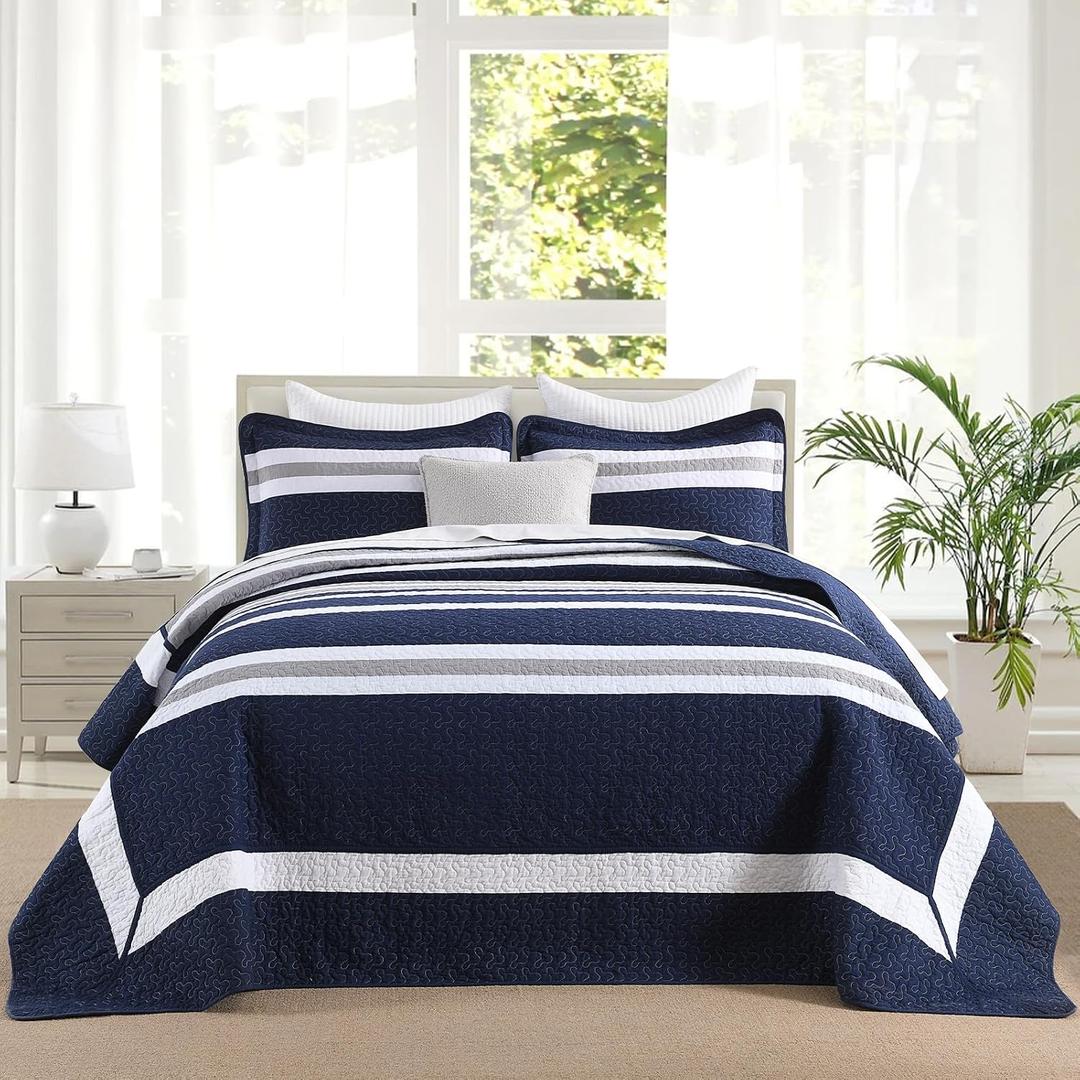 Finlonte Navy Oversized King Bedspread 120"x120" - 3 Pieces 100% Cotton Striped Bedspread Coverlet Set, Lightweight Quilted Bed Spread, Modern Oversized Queen Quilt with 2 Pillowshams, Navy/Gray/White