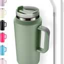 64oz Insulated Tumbler with Handle, Stainless Steel Double Wall Vacuumn Water Bottle, Lid and Straw for School, Gym, Hiking & Camping, Green