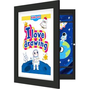 FrameWorks 10" x 12.5" Black Wooden Kids Art Frame with Magnetic Door  Display for 3D Artwork, Photos, Crafts  Gallery Style Edges Wall Decor for Home, Playroom, Easy Access Frame for Creativity