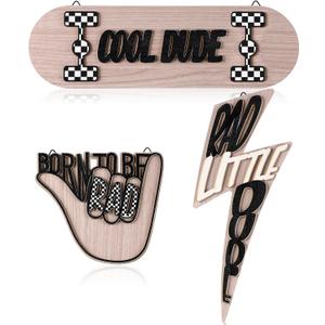 Briwooody 3 Pcs Wood Plaque Sign Rad Little Dude Wood Wall Hanging Tags Cool Nursery Decor Born to Be Dude Wall Sign Gifts for Room Dorm Playroom, Black and White Checked